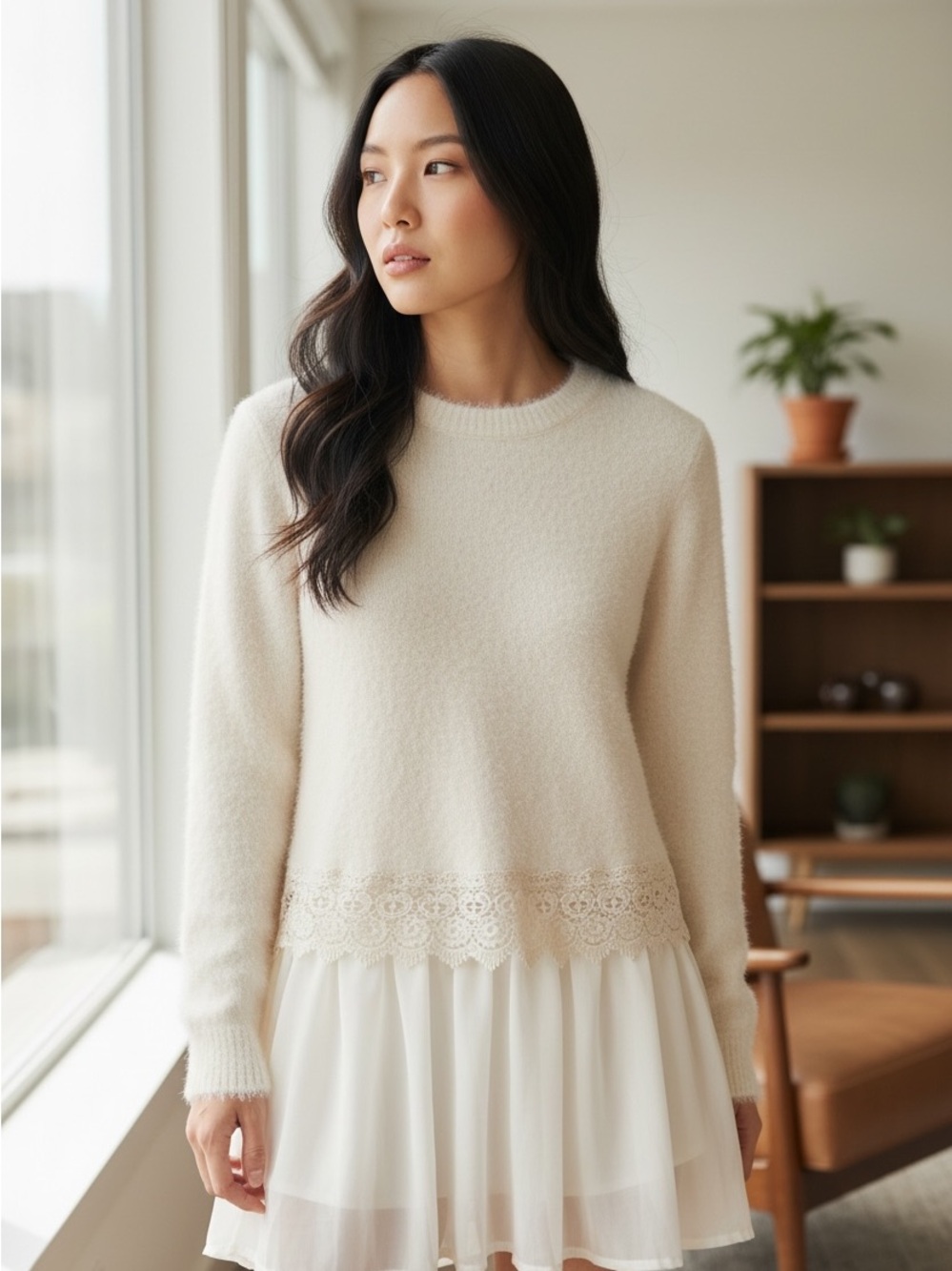 Altar'd State Cream Fuzzy Knit Pullover